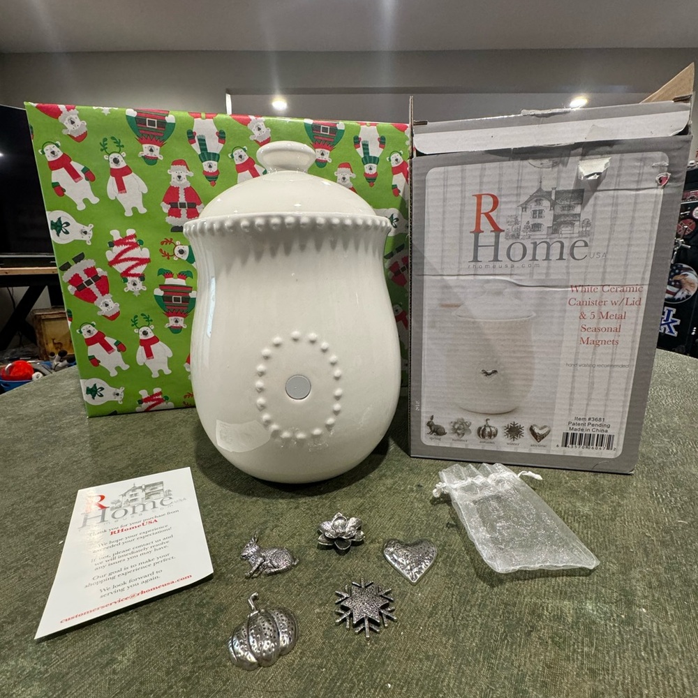 R Home USA  White Canister With 5 Metal Magnetic Charms- Perfect 4 Every Season
